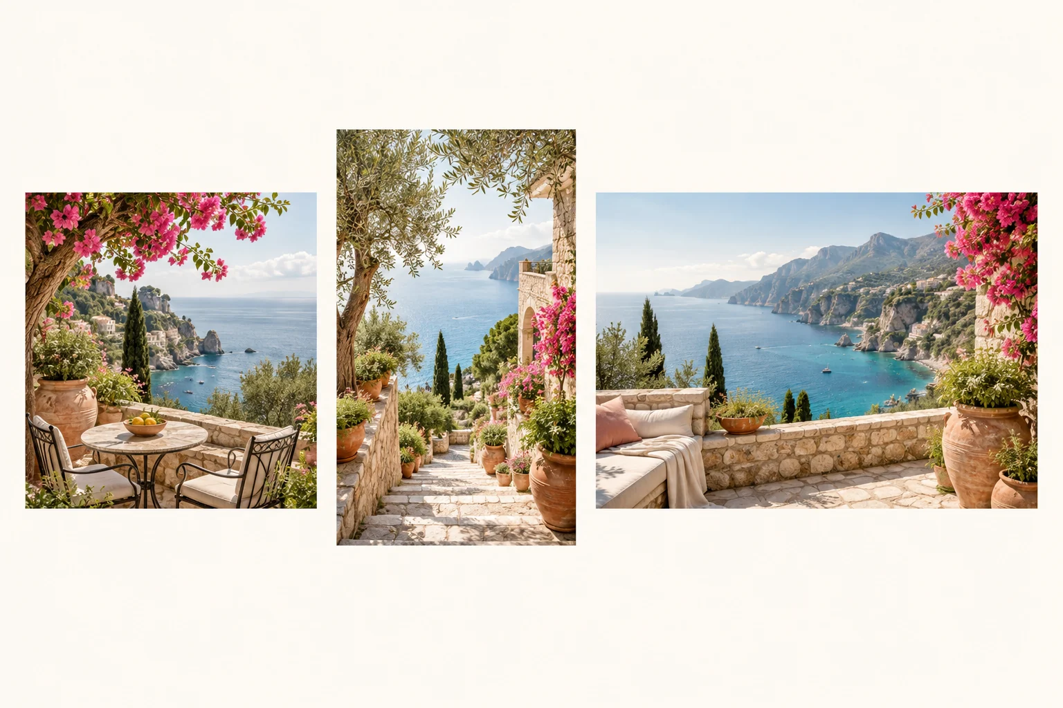 AI-generated Mediterranean garden examples arranged in square, portrait and landscape frames