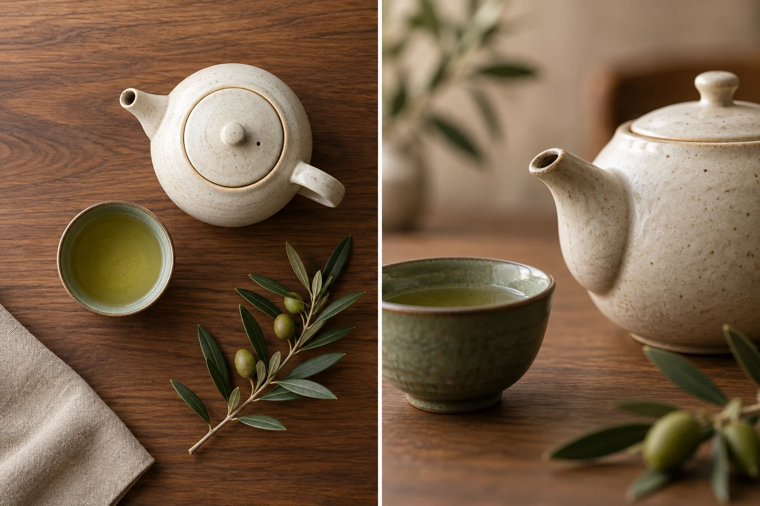 AI-generated ceramic teapot and cup shown as an overhead flat lay and a close low-angle product photo