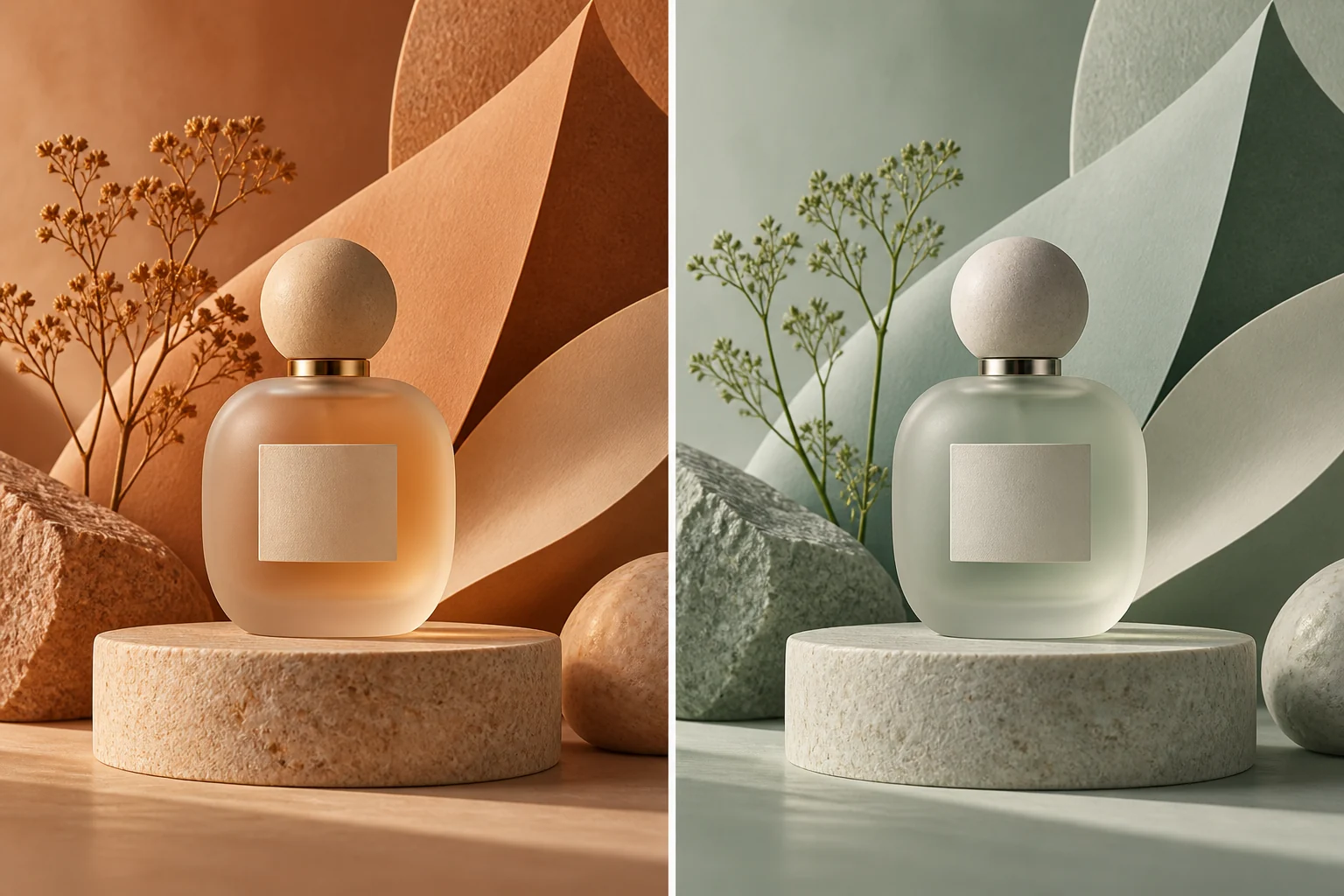 AI-generated perfume concept in warm terracotta and amber tones beside a sage and ivory variation