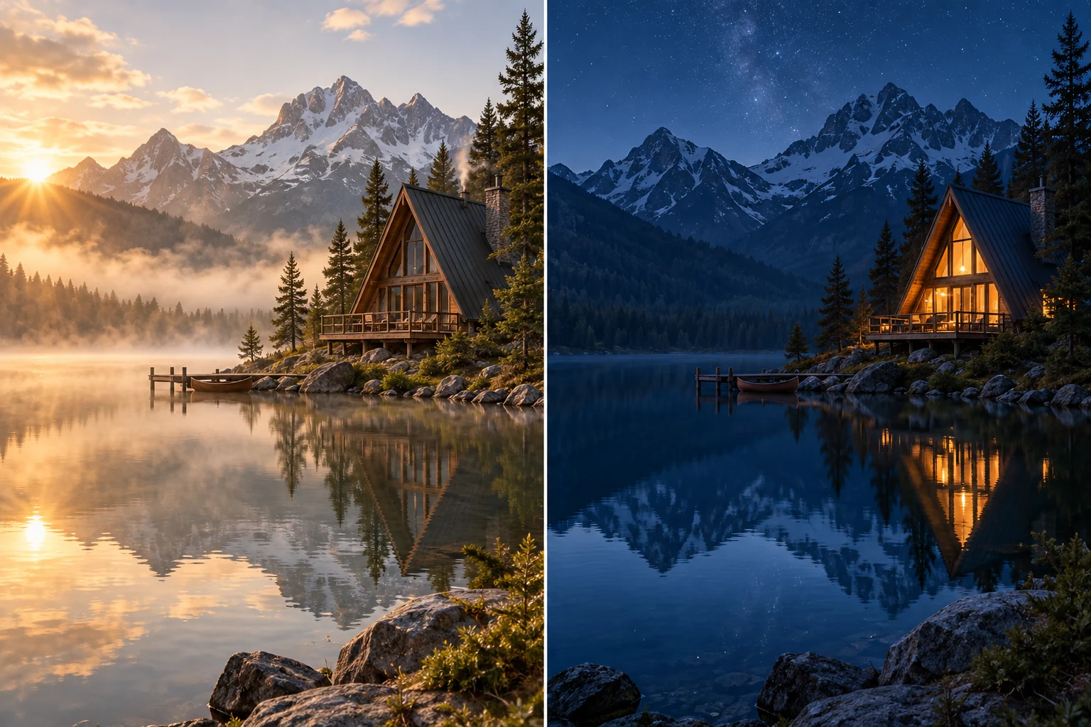 AI-generated lakeside cabin shown in warm morning light and cool blue-hour light