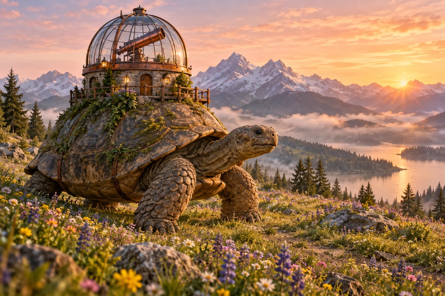 AI-generated concept of a glass observatory on a giant tortoise in a misty alpine meadow