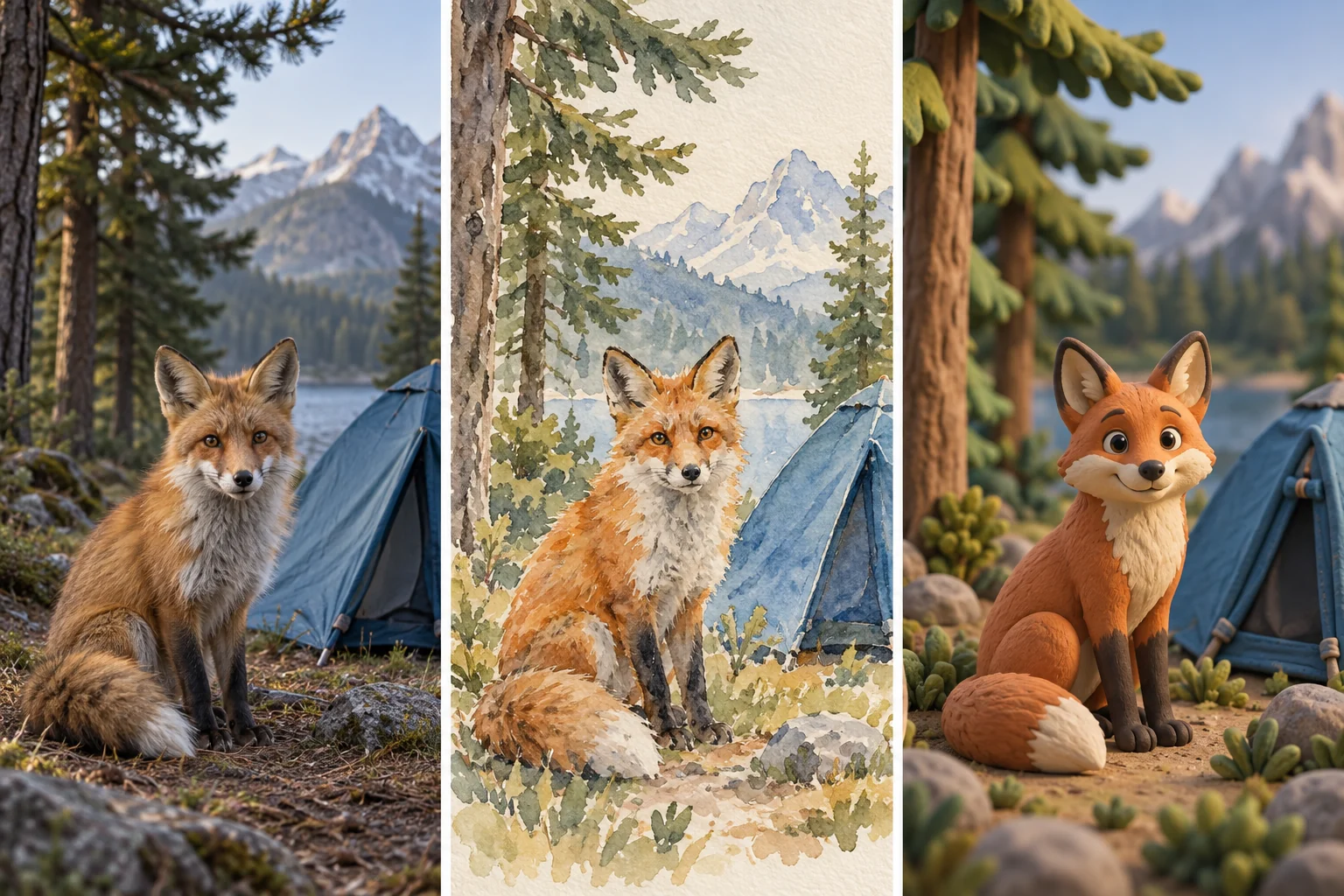 AI-generated fox and campsite shown in photographic, watercolor and clay-style treatments