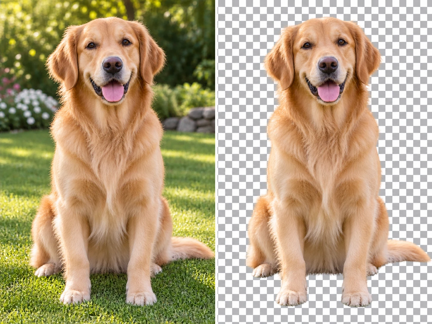 金毛犬的细节照片与去背景后的主体并排展示