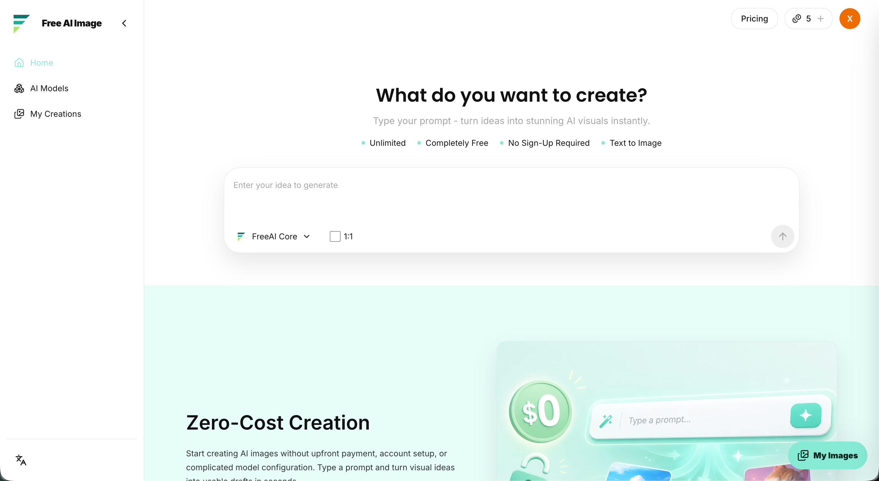 Free AI Image website preview