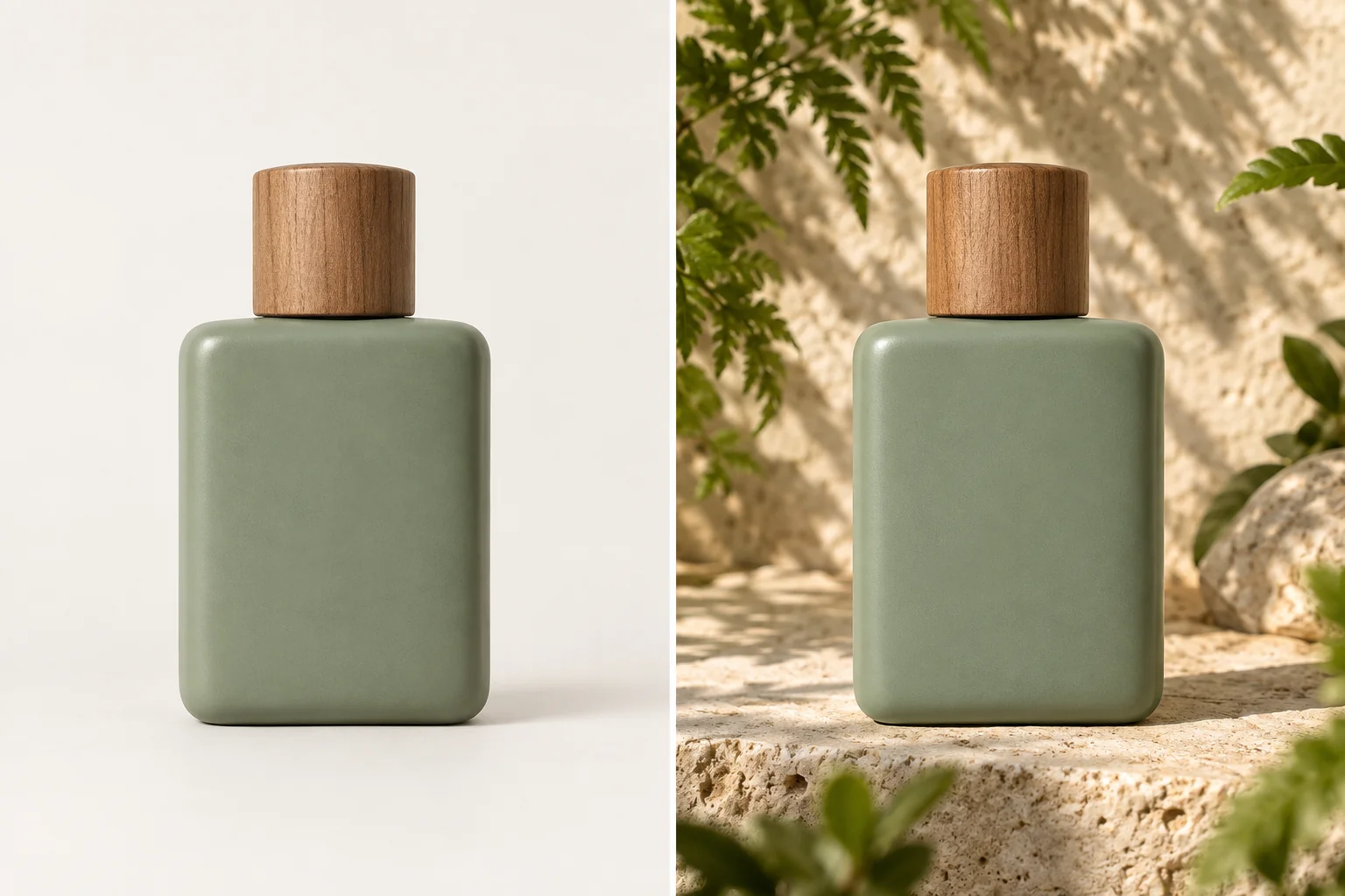 The same sage-green perfume bottle on a plain background and in a botanical product scene.