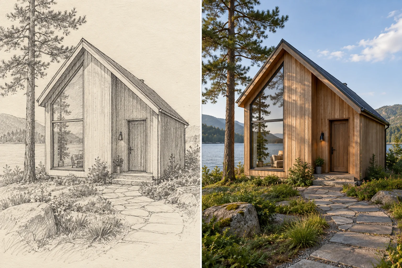 A cabin sketch beside a realistic rendering with matching roof, windows, tree, and path.