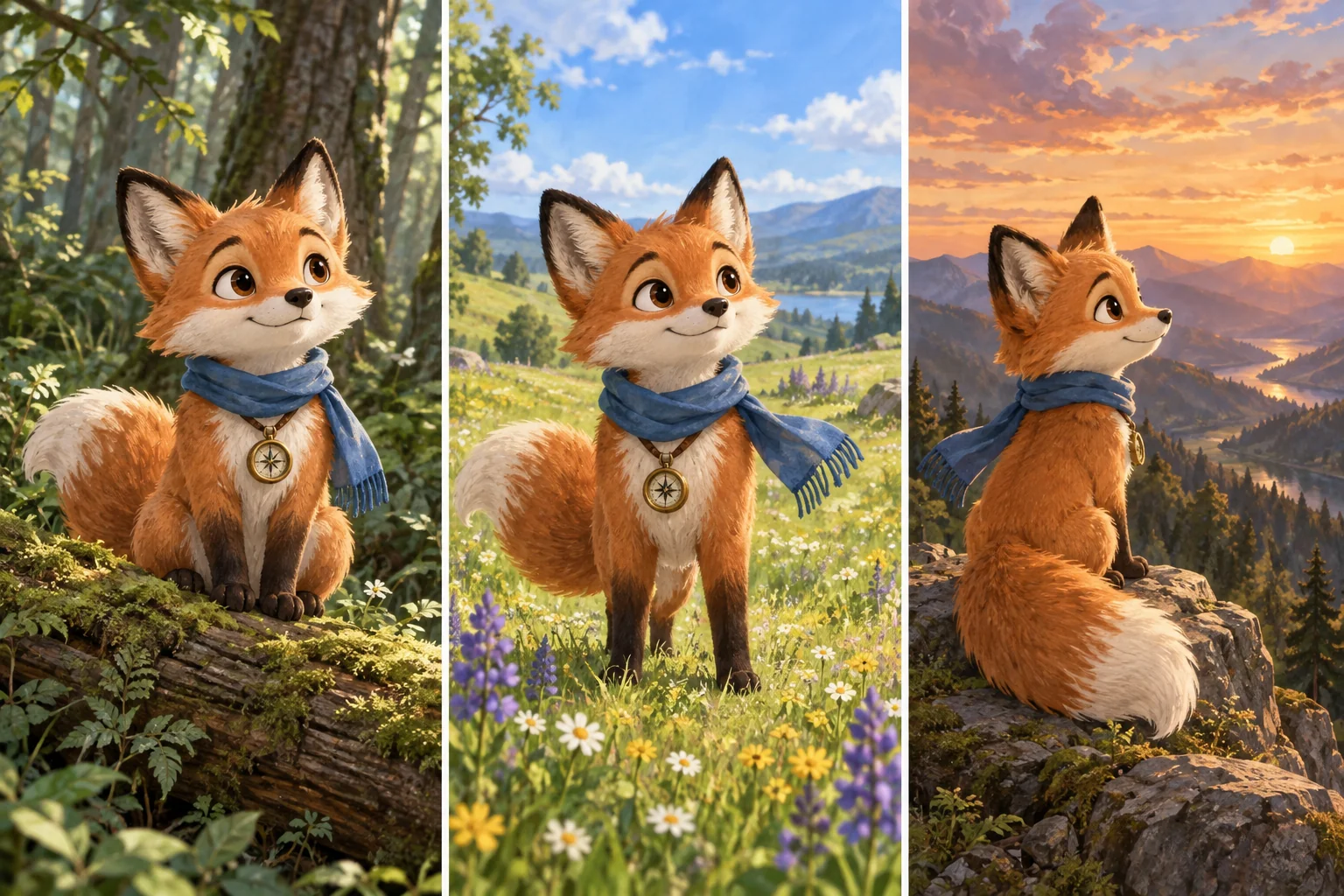 The same orange fox with a blue scarf in a forest, meadow, and mountain scene.