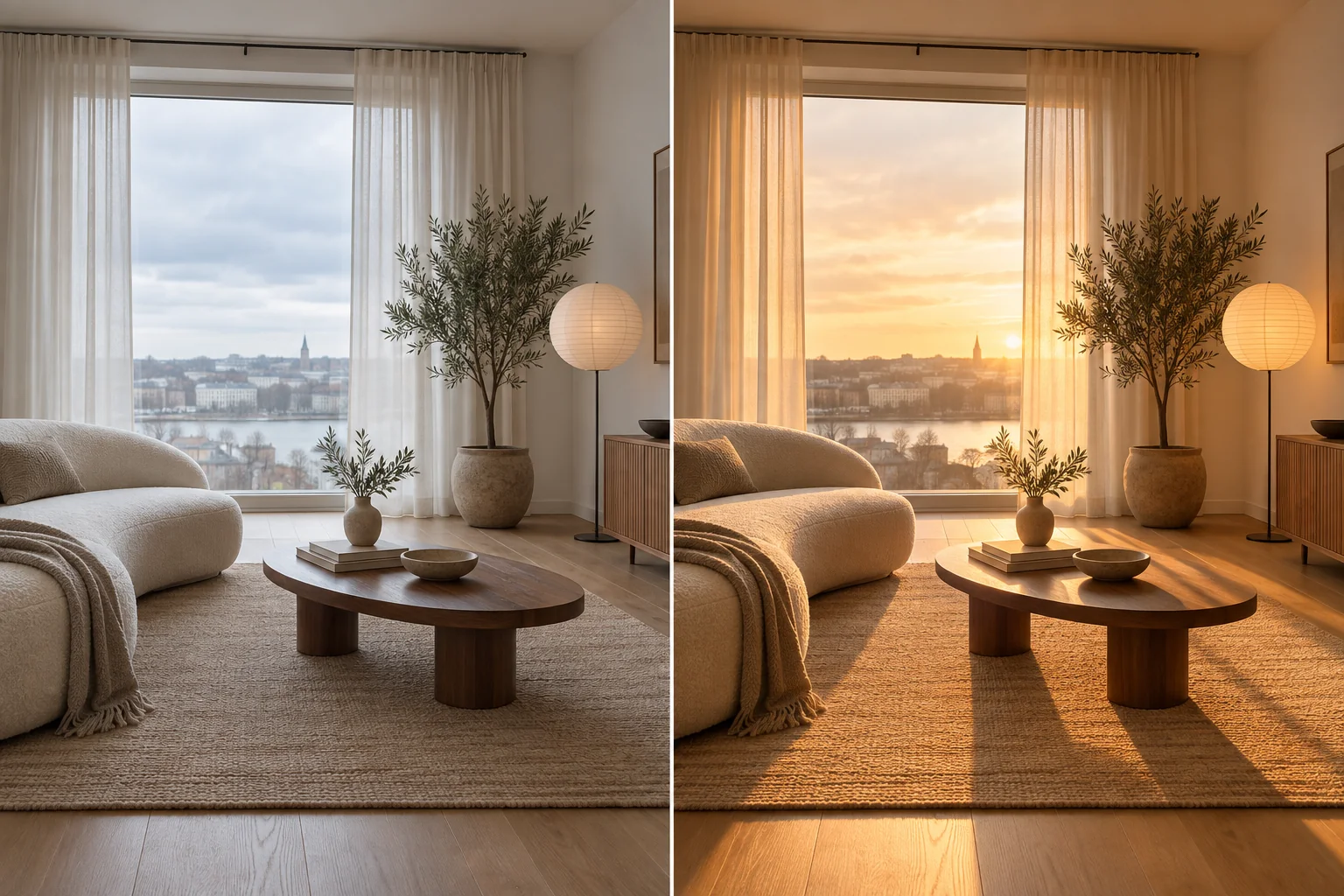 An identical living room shown in cool daylight and warm golden-hour light.