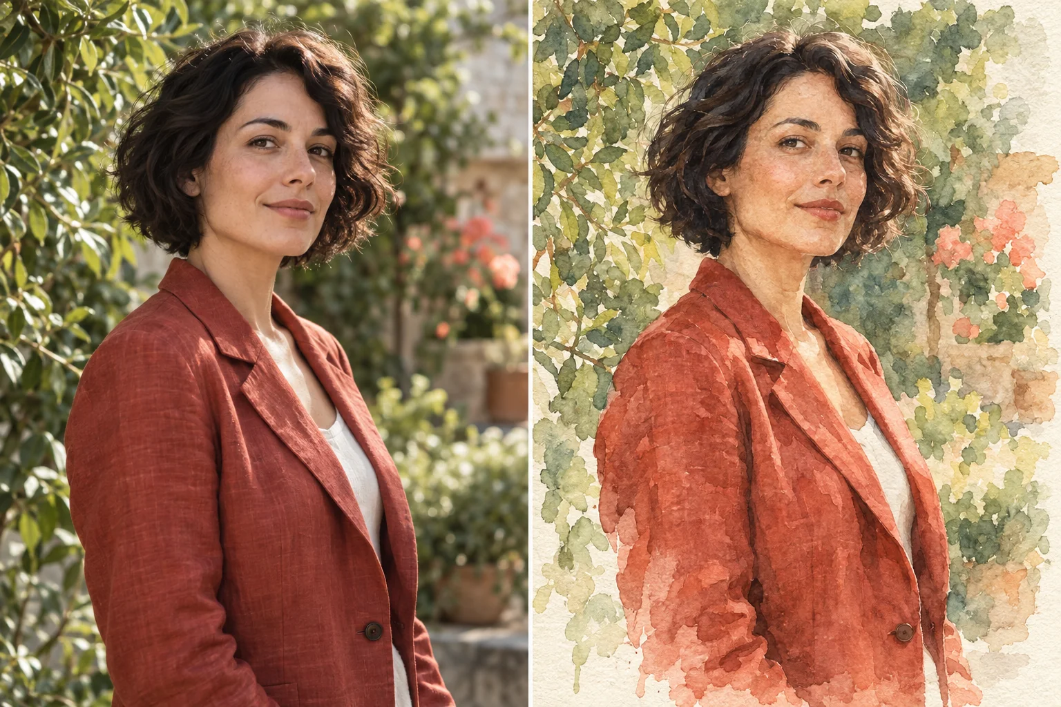 An original portrait beside a watercolor version of the same woman in a rust-red jacket.