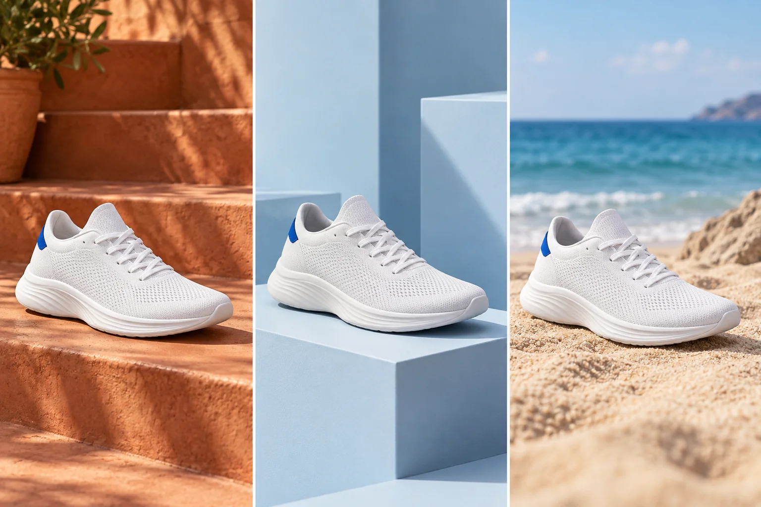 The same white sneaker presented in terracotta, blue studio, and coastal campaign scenes.