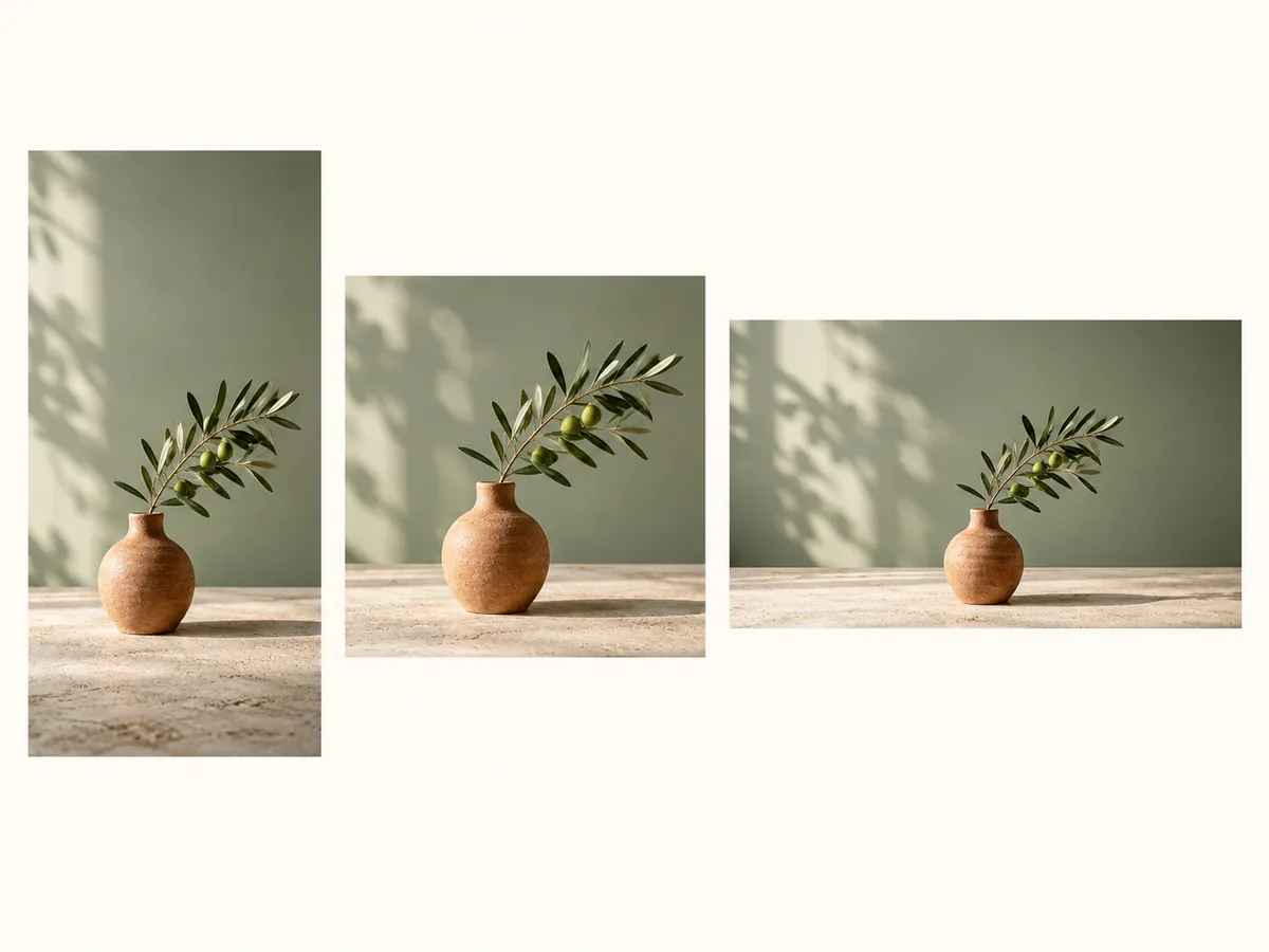 Illustration of the same ceramic vase in portrait, square, and landscape compositions.