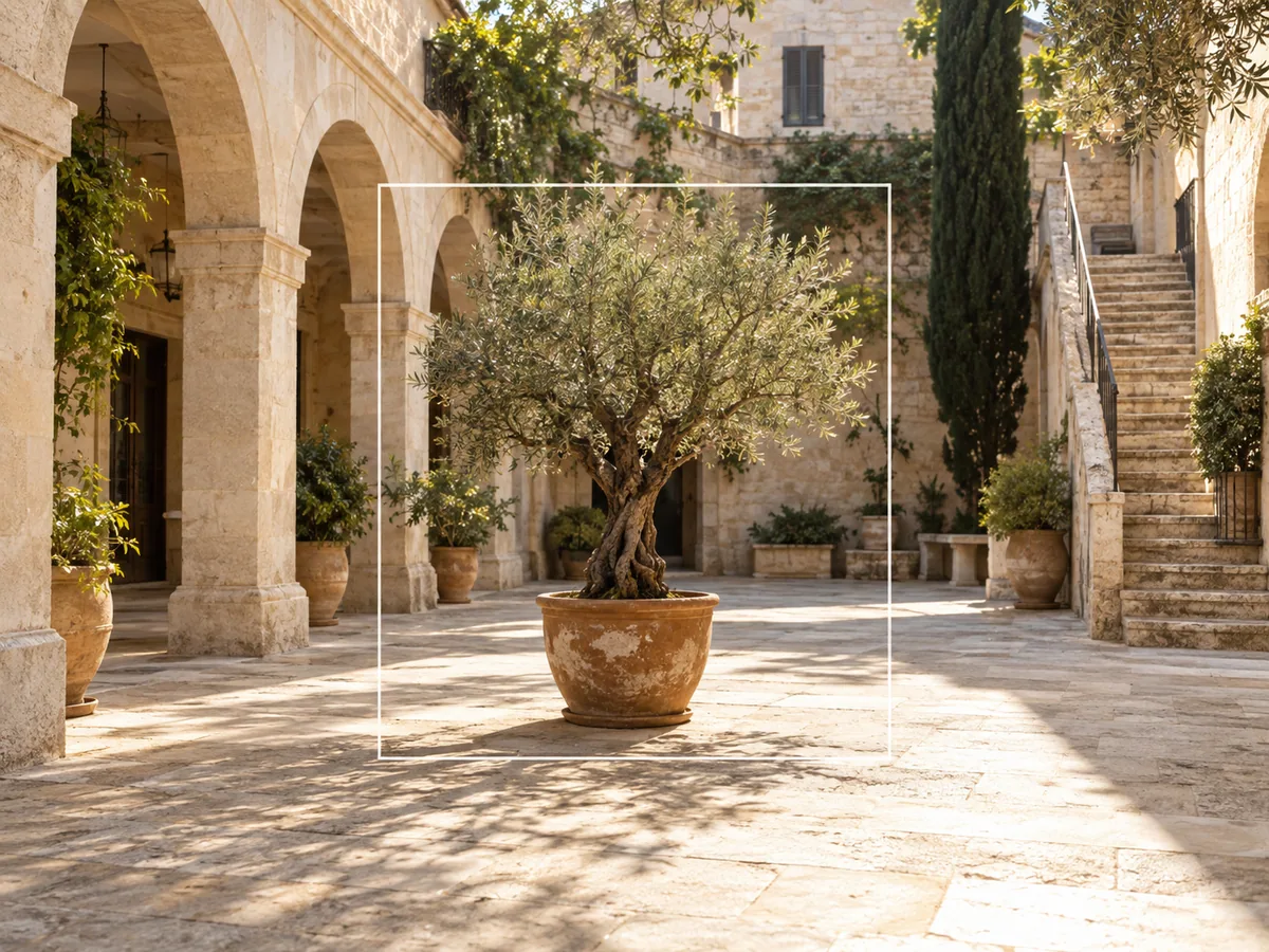 Illustration of courtyard textures, lighting, and perspective continuing beyond the original crop.