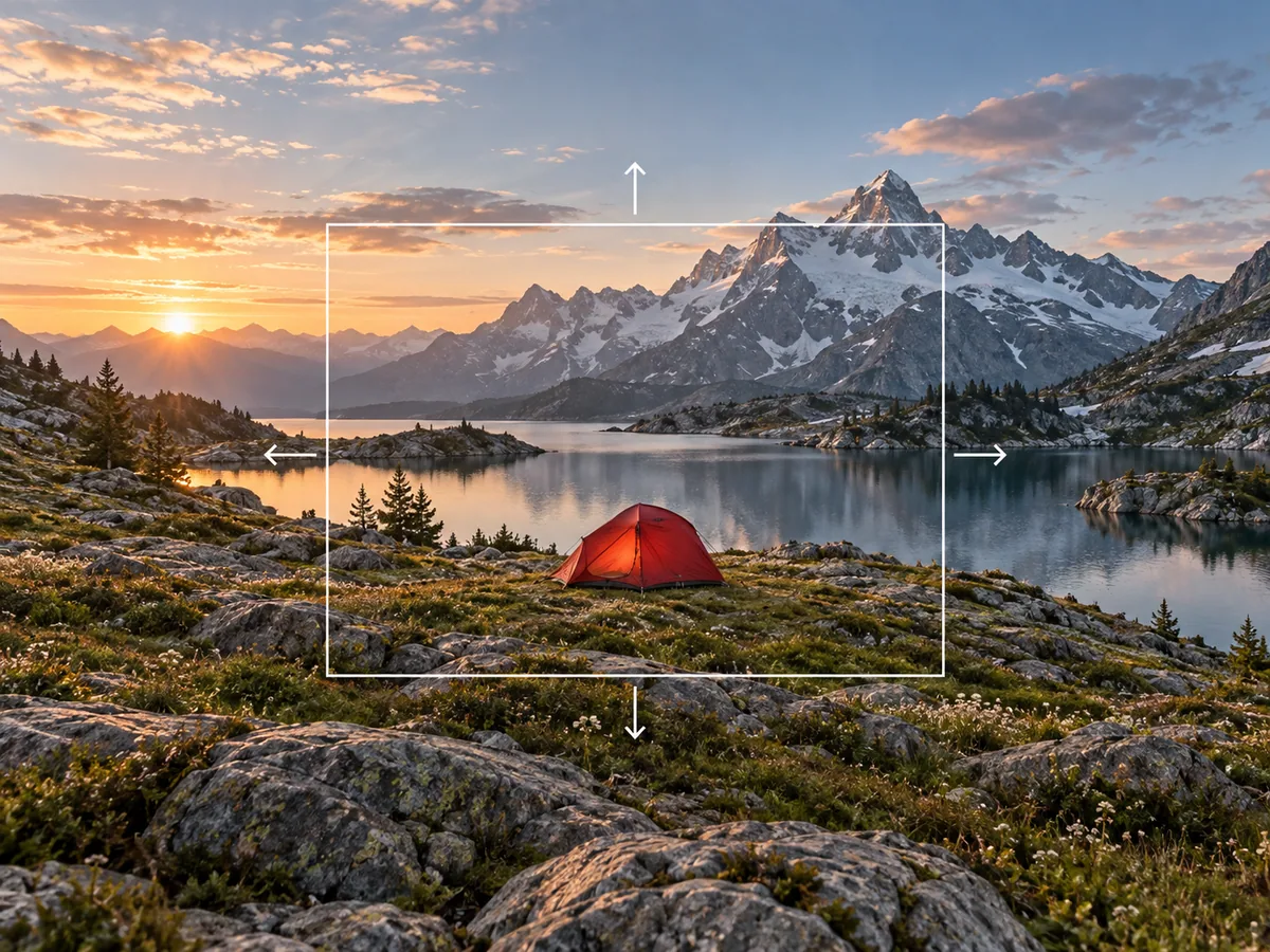 Illustration of an alpine scene extending beyond a central frame in four directions.
