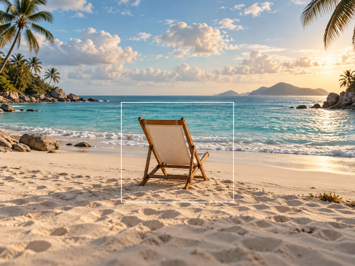 Illustration of a beach-chair photo extended into a tropical shoreline to show prompt-guided surroundings.