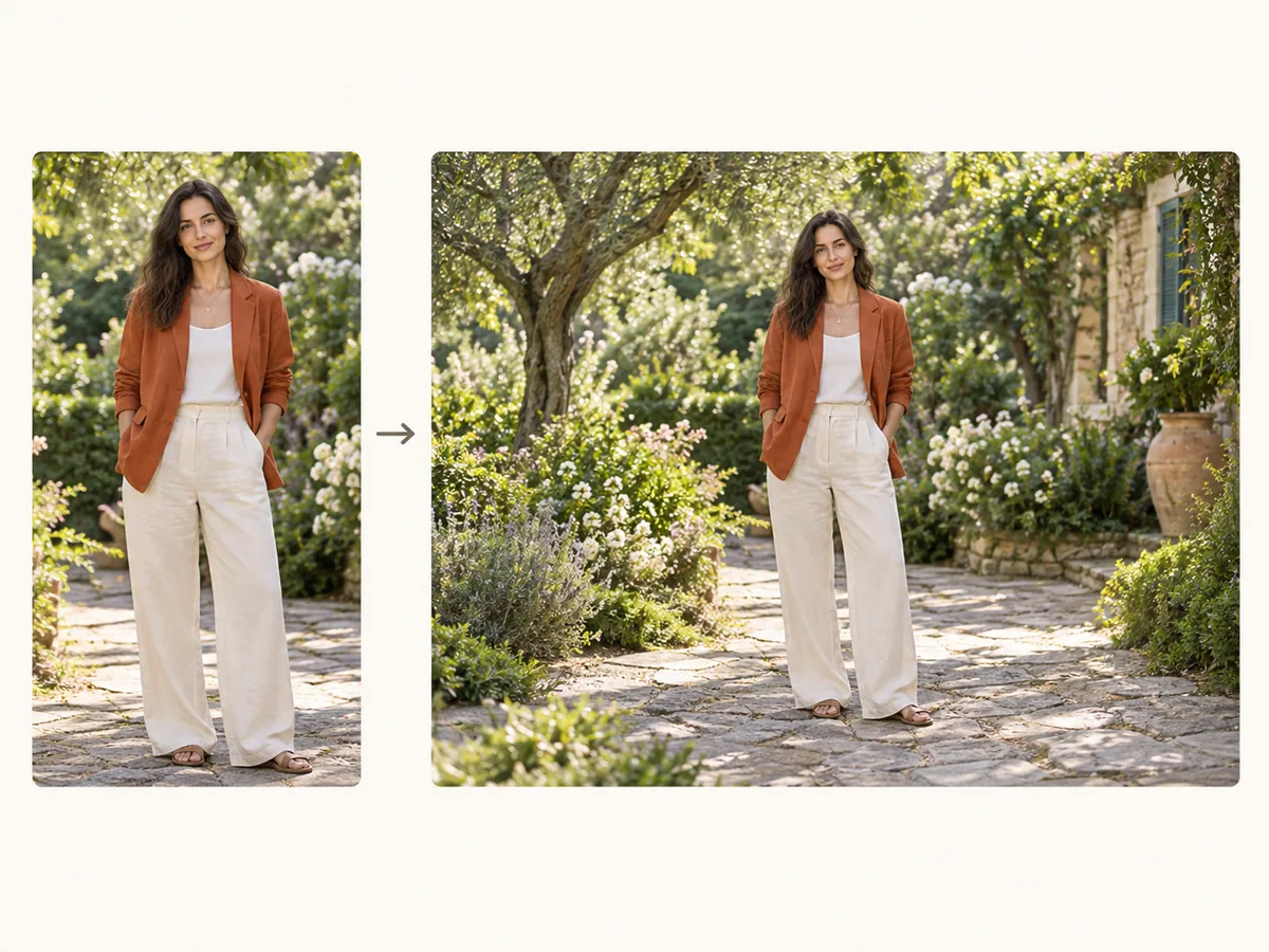 Conceptual comparison of a portrait and wider garden scene with the subject kept at the same proportions.
