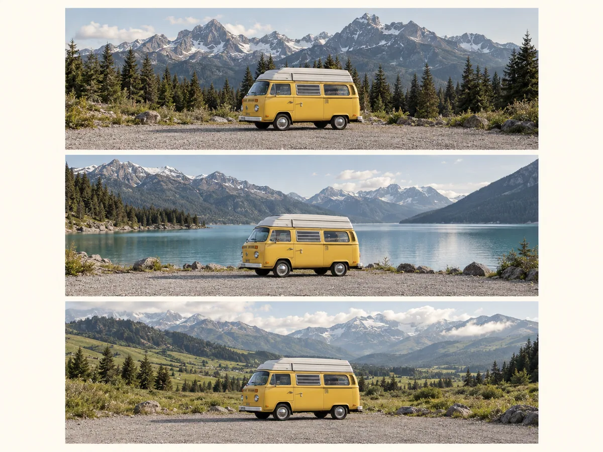 Illustration of three background variations around the same yellow camping van.