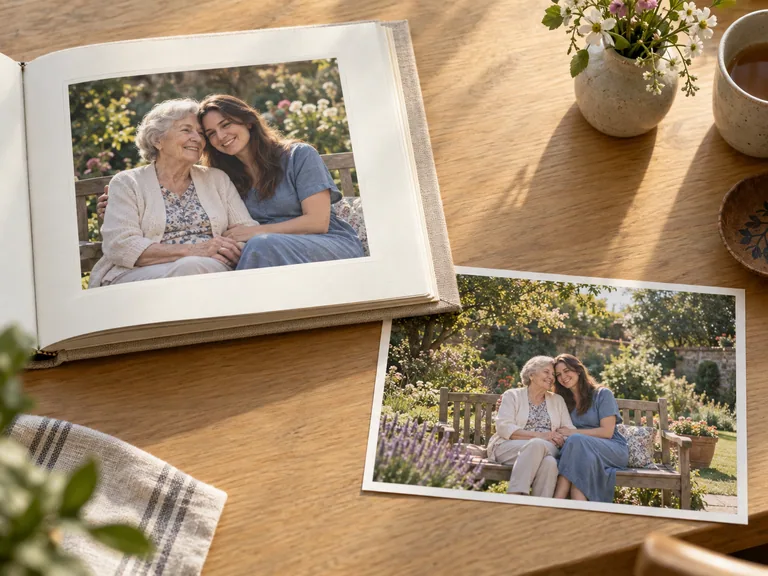 A family album and wider garden photo print illustrating reframing personal photographs.