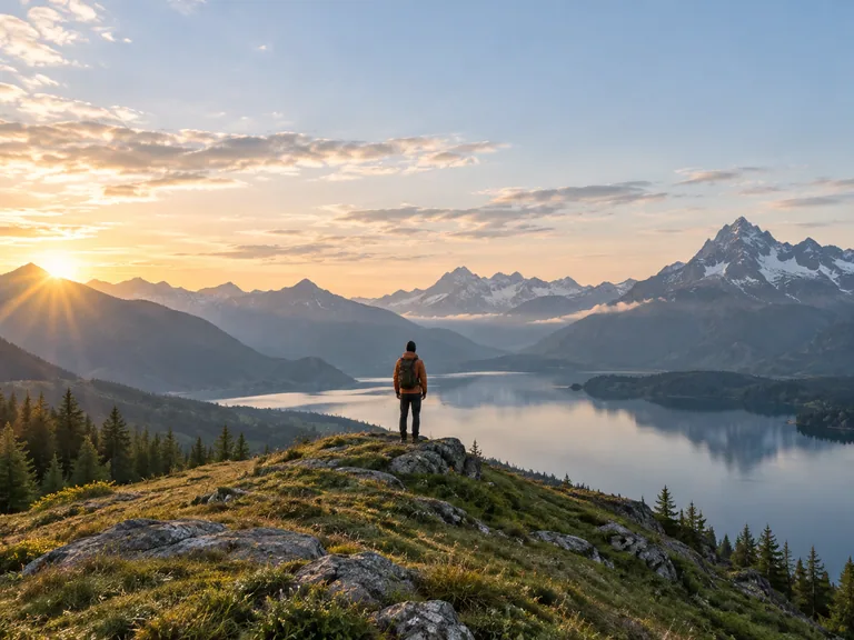 A hiker framed with generous sky and mountain scenery for a wider landscape composition.
