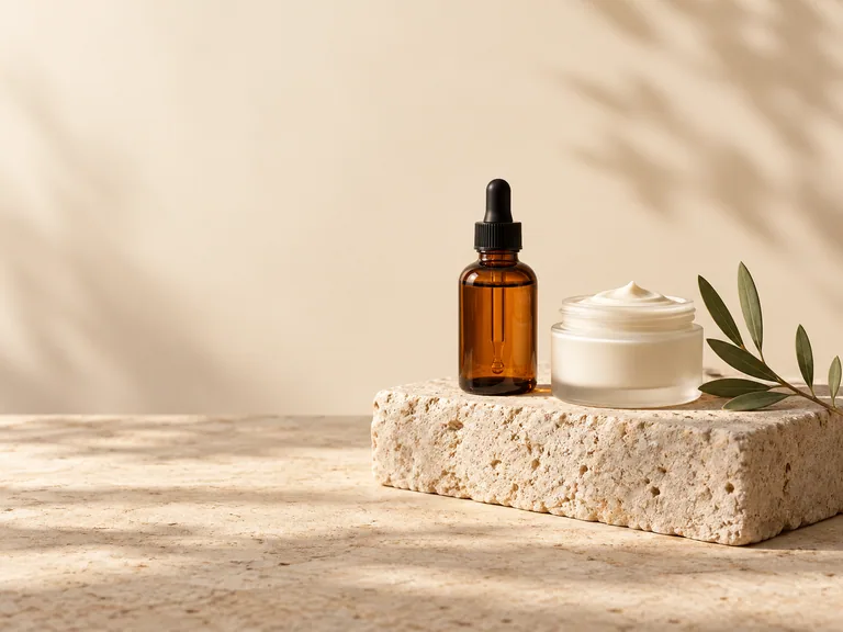 Skincare products on an extended neutral background with space for ecommerce promotions.