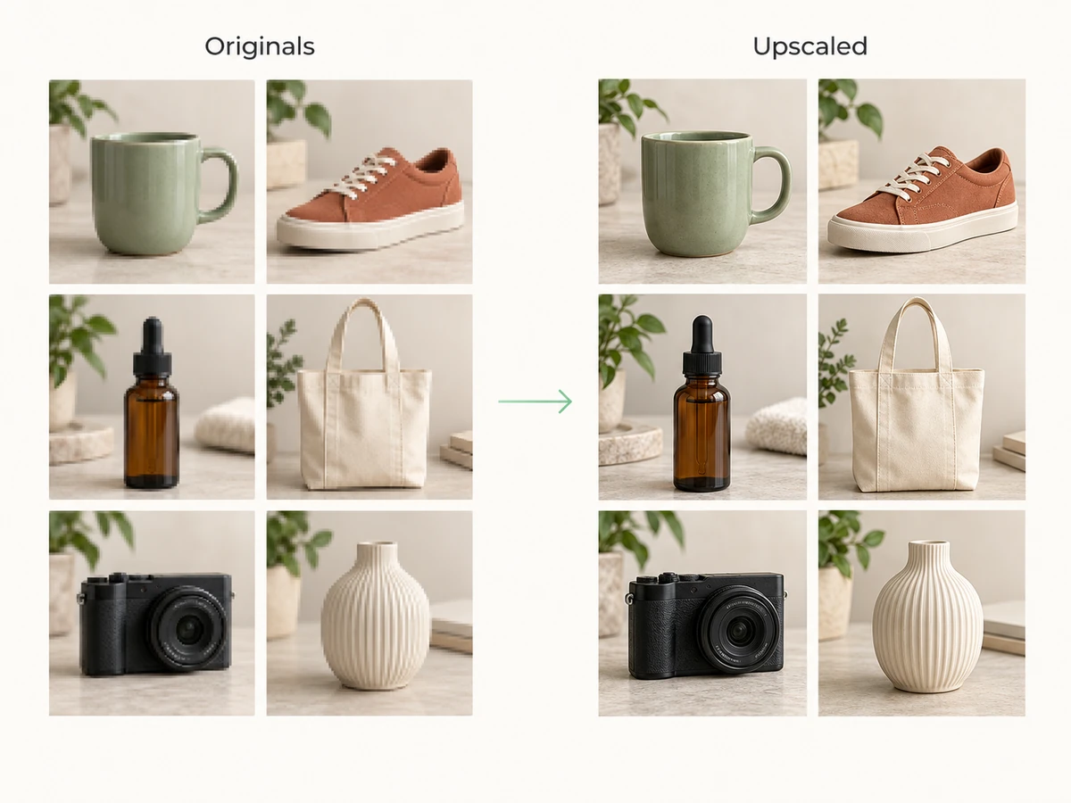 AI-generated batch upscaling illustration with six matching product photos before and after enhancement
