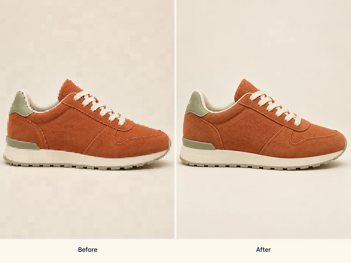 AI-generated comparison of blocky compression artifacts and clean sneaker details