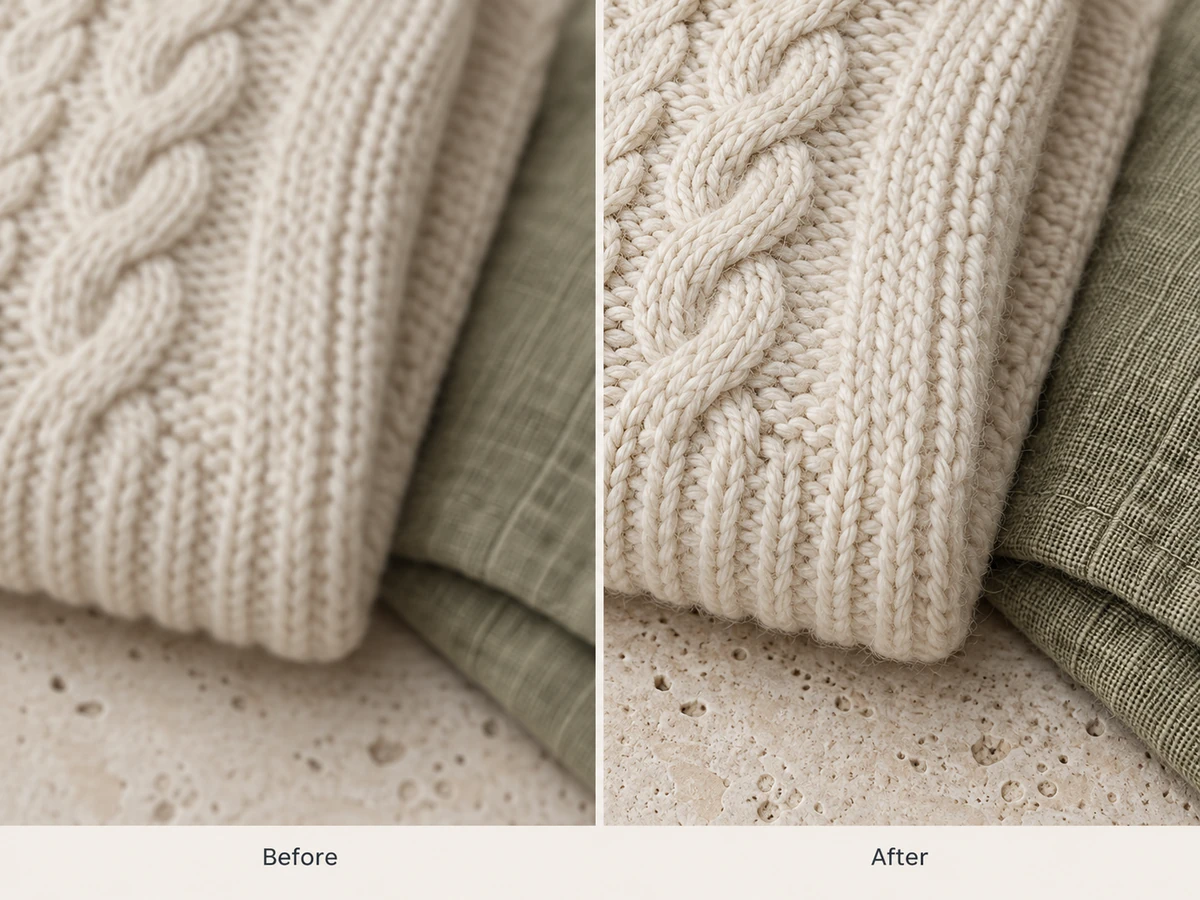Illustrative comparison showing clearer knit fibers and linen texture