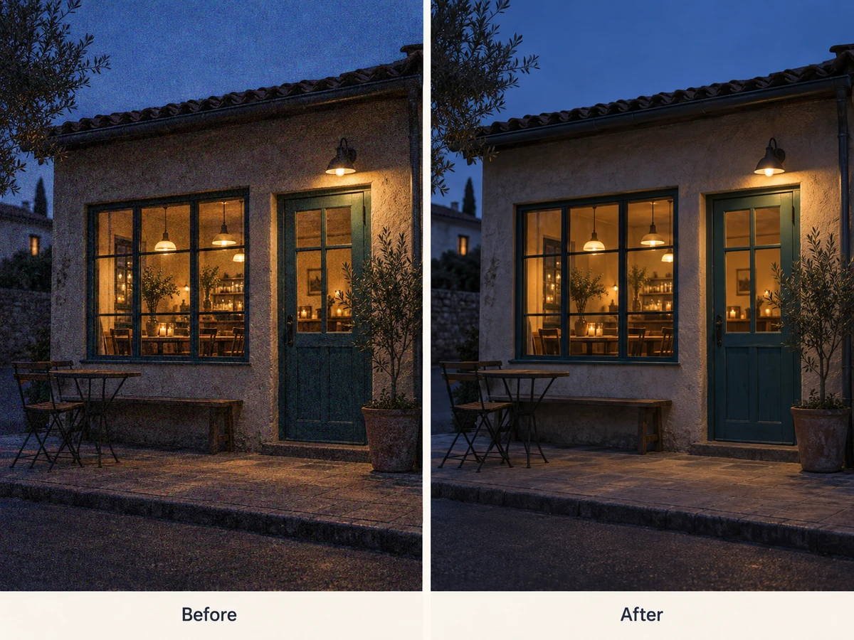 AI-generated comparison of a grainy evening cafe photo and a clean denoised version